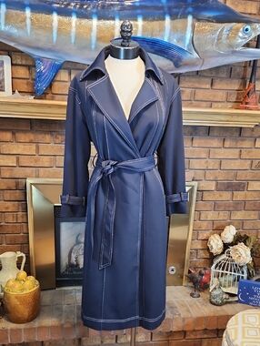 Navy Blue Trench Coat with Contrast Stitching Size 2 Luxury Japanese High End